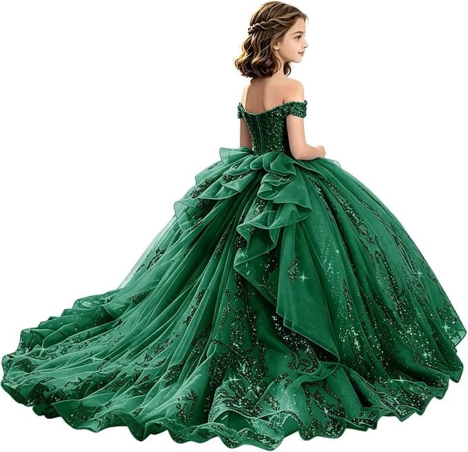 Sunnypetal Off-Shoulder Lace Applique Beaded Flower Girl Pageant Dress