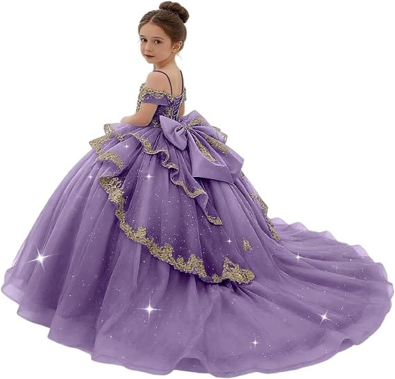 Sunnypetal Gold Sequin Lace Off-Shoulder Tulle Flower Girl Dress with Bow Detail