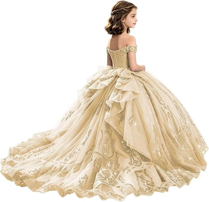 Sunnypetal Off-Shoulder Lace Applique Beaded Flower Girl Pageant Dress