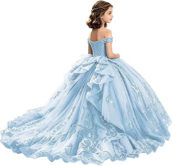 Sunnypetal Off-Shoulder Lace Applique Beaded Flower Girl Pageant Dress