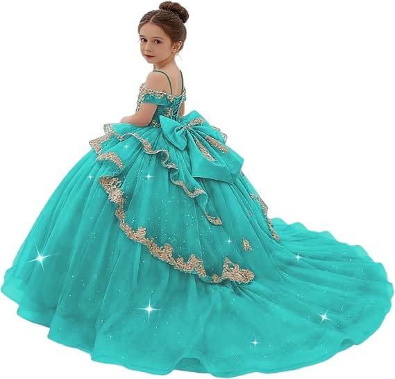 Sunnypetal Gold Sequin Lace Off-Shoulder Tulle Flower Girl Dress with Bow Detail