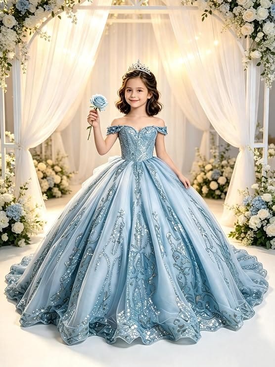 Sunnypetal Off-Shoulder Lace Applique Beaded Flower Girl Pageant Dress