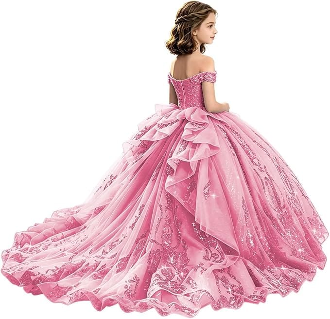 Sunnypetal Off-Shoulder Lace Applique Beaded Flower Girl Pageant Dress