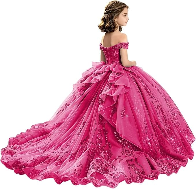 Sunnypetal Off-Shoulder Lace Applique Beaded Flower Girl Pageant Dress