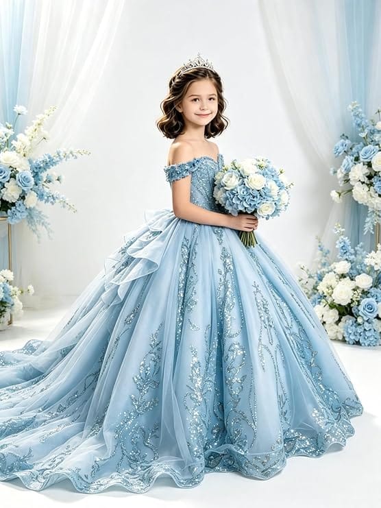 Sunnypetal Off-Shoulder Lace Applique Beaded Flower Girl Pageant Dress