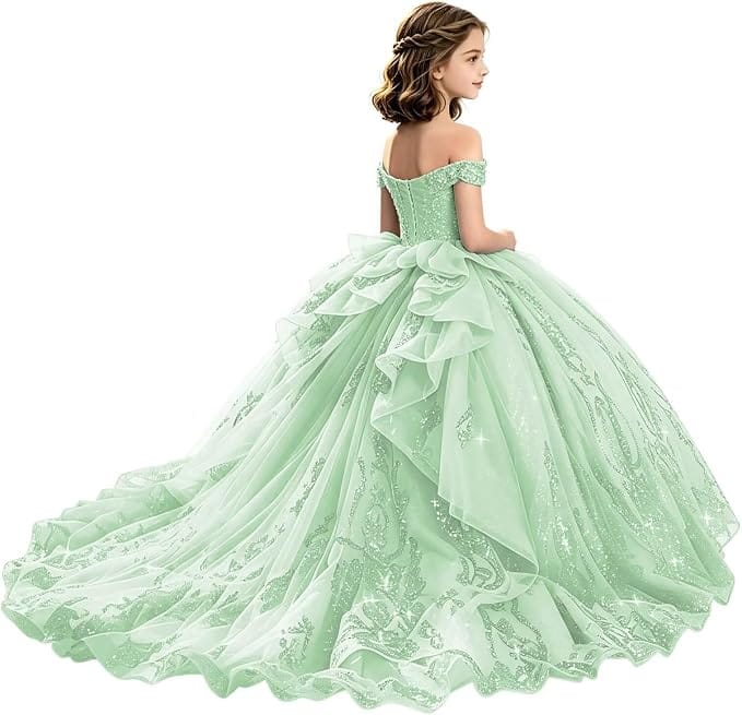 Sunnypetal Off-Shoulder Lace Applique Beaded Flower Girl Pageant Dress