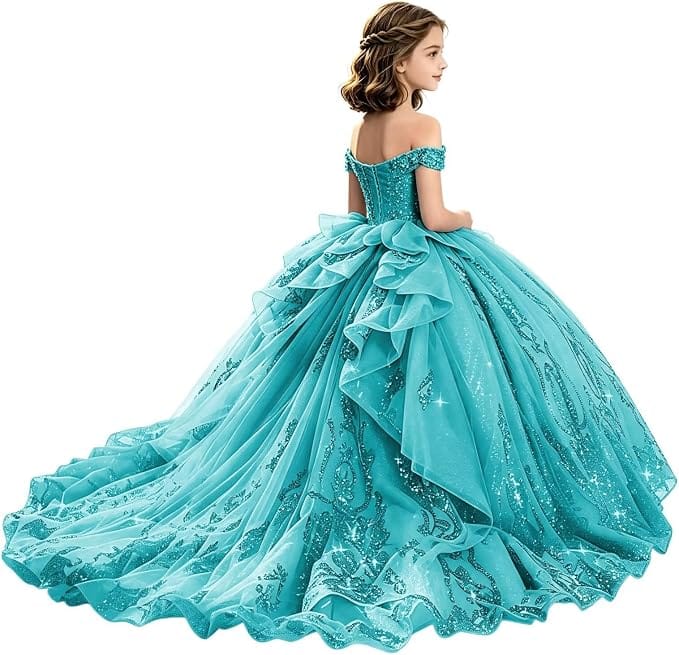 Sunnypetal Off-Shoulder Lace Applique Beaded Flower Girl Pageant Dress