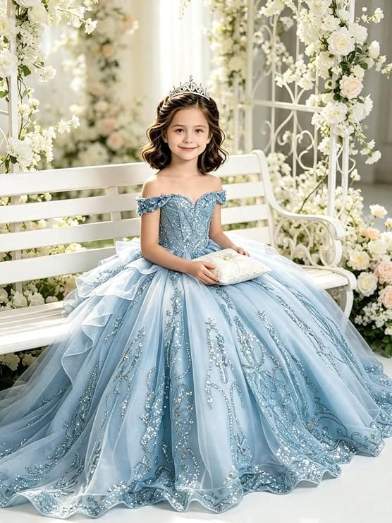 Sunnypetal Off-Shoulder Lace Applique Beaded Flower Girl Pageant Dress