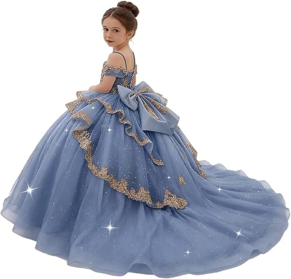 Sunnypetal Gold Sequin Lace Off-Shoulder Tulle Flower Girl Dress with Bow Detail