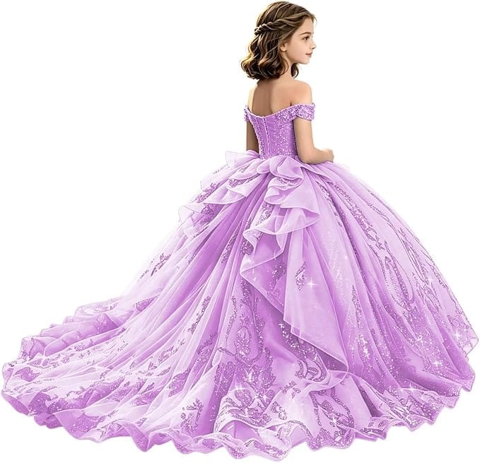 Sunnypetal Off-Shoulder Lace Applique Beaded Flower Girl Pageant Dress