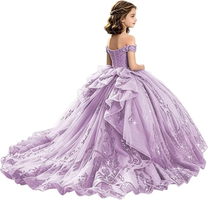 Sunnypetal Off-Shoulder Lace Applique Beaded Flower Girl Pageant Dress