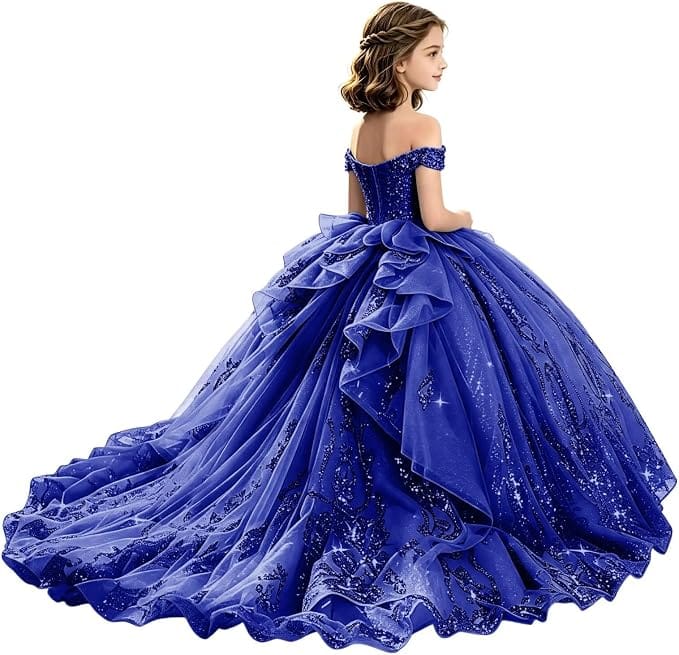 Sunnypetal Off-Shoulder Lace Applique Beaded Flower Girl Pageant Dress