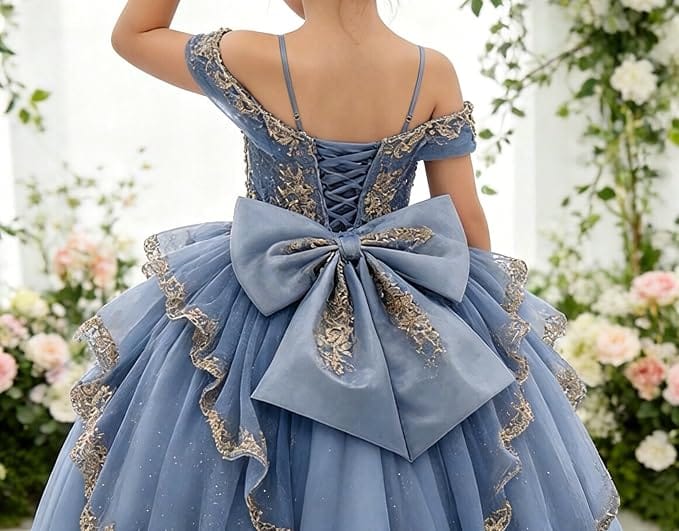 Sunnypetal Gold Sequin Lace Off-Shoulder Tulle Flower Girl Dress with Bow Detail