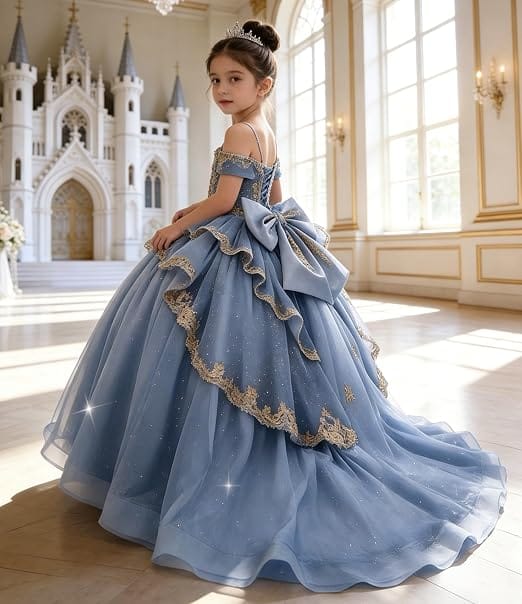 Sunnypetal Gold Sequin Lace Off-Shoulder Tulle Flower Girl Dress with Bow Detail