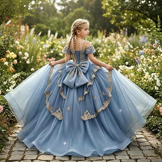 Sunnypetal Gold Sequin Lace Off-Shoulder Tulle Flower Girl Dress with Bow Detail