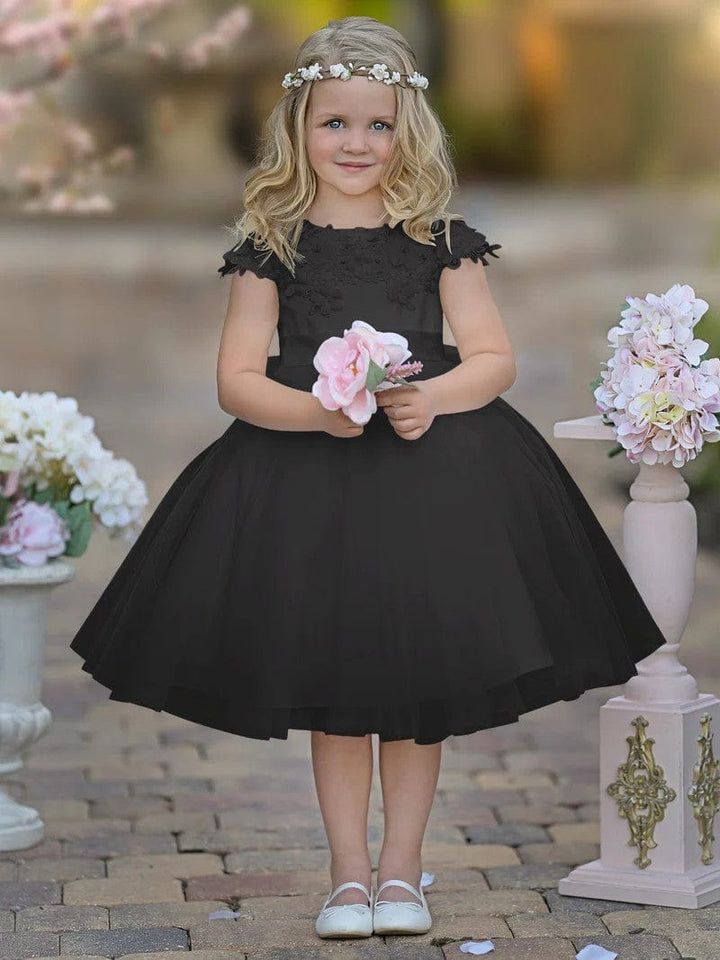 9m / Black Sunnypetal Satin Floral Appliques Knee-Length Tulle First Communion Flower Girl Dress