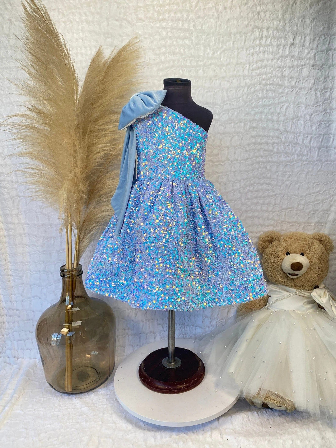 9m / Blue / Knee-Length Sunnypetal Sparkly Blue One Shoulder Sequin Velvet Bow Knee-Length Flower Girl Dresses