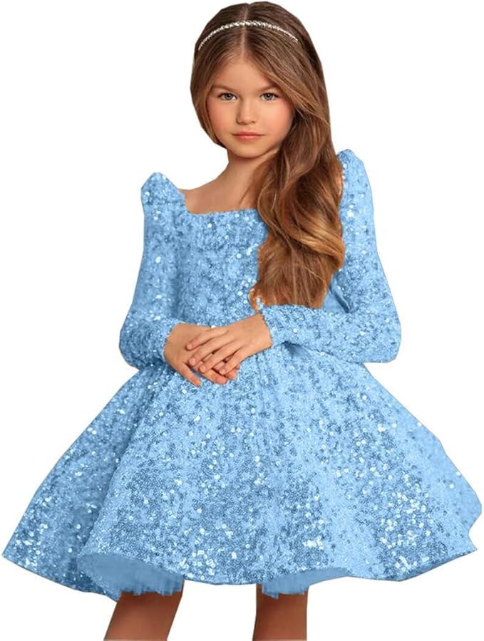 9m / Blue Sunnypetal Long Sleeve Sequin Pageant Prom Knee-Length Flower Girl Dress