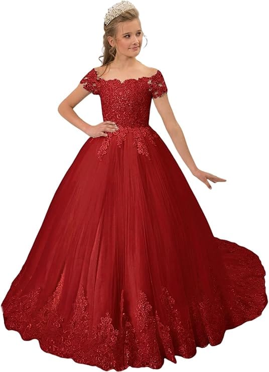9m / Burgundy Sunnypetal Off the Shoulder Ivory Tulle Lace Appliques Ball-Gown Flower Girl Dress
