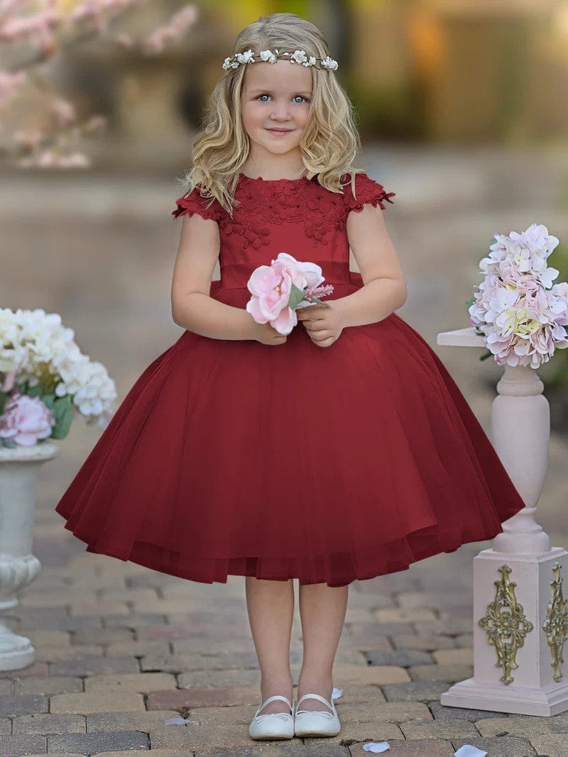 9m / Burgundy Sunnypetal Satin Floral Appliques Knee-Length Tulle First Communion Flower Girl Dress