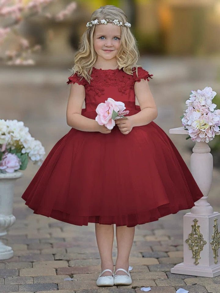 9m / Burgundy Sunnypetal Satin Floral Appliques Knee-Length Tulle First Communion Flower Girl Dress