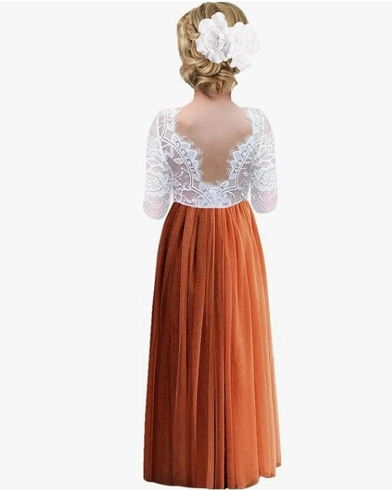 9m / Burnt Orange Sunnypetal A-Line V Back Lace Toddler Party Wedding Floor-Length Flower Girl Tulle Dress