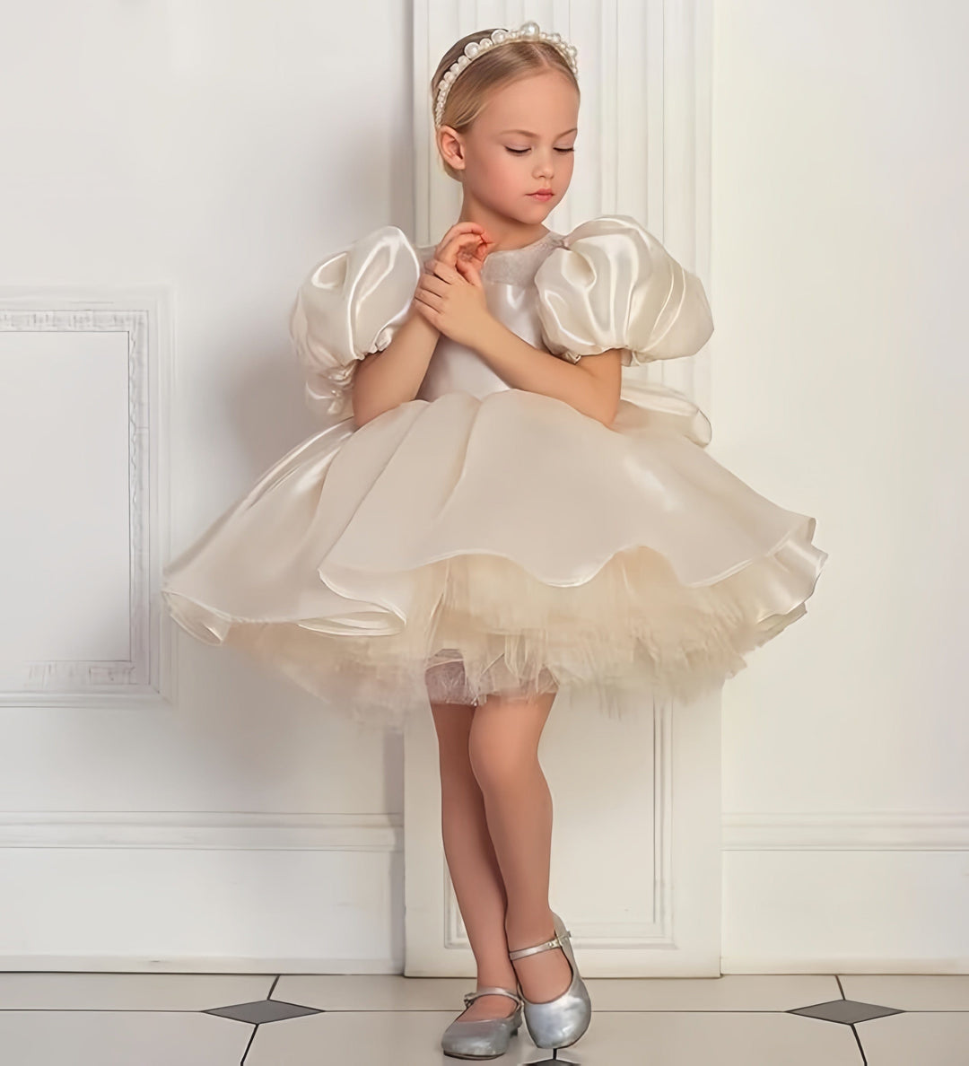 9m / Champagne Sunnypetal Puffy Tulle Layers Birthday Party Pageant Dress Satin Princess Flower Girl Dresses