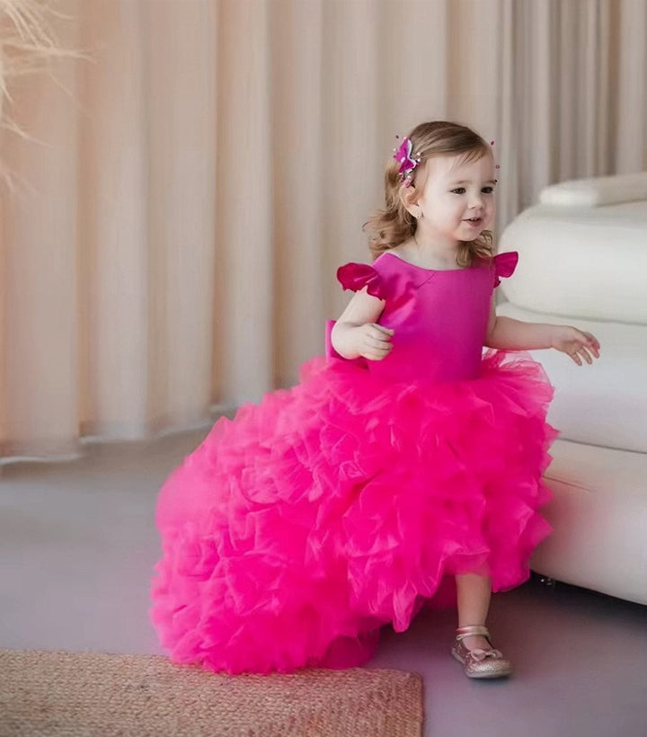 9m / Hot Pink Sunnypetal Cute Baby Toddler Flower Girl Dresses Tulle Ruffles Hi-Lo Bow Party Birthday Dress