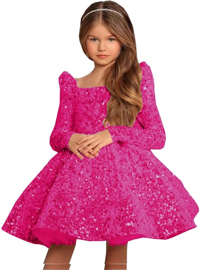 9m / Hot Pink Sunnypetal Long Sleeve Sequin Pageant Prom Knee-Length Flower Girl Dress