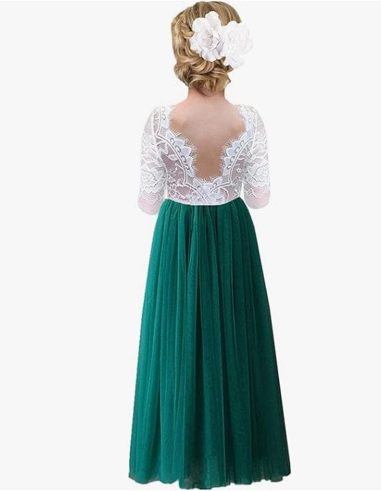 9m / Hunter Green Sunnypetal A-Line V Back Lace Toddler Party Wedding Floor-Length Flower Girl Tulle Dress