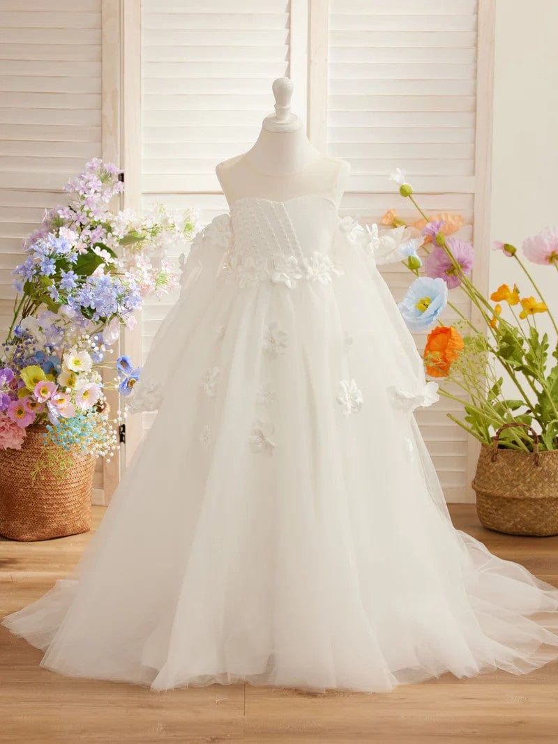 9m / Ivory Sunnypetal 3D Flower Princess Ball Gown Off-Shoulder Long Sleeves Girl Birthday Pageant Dresses