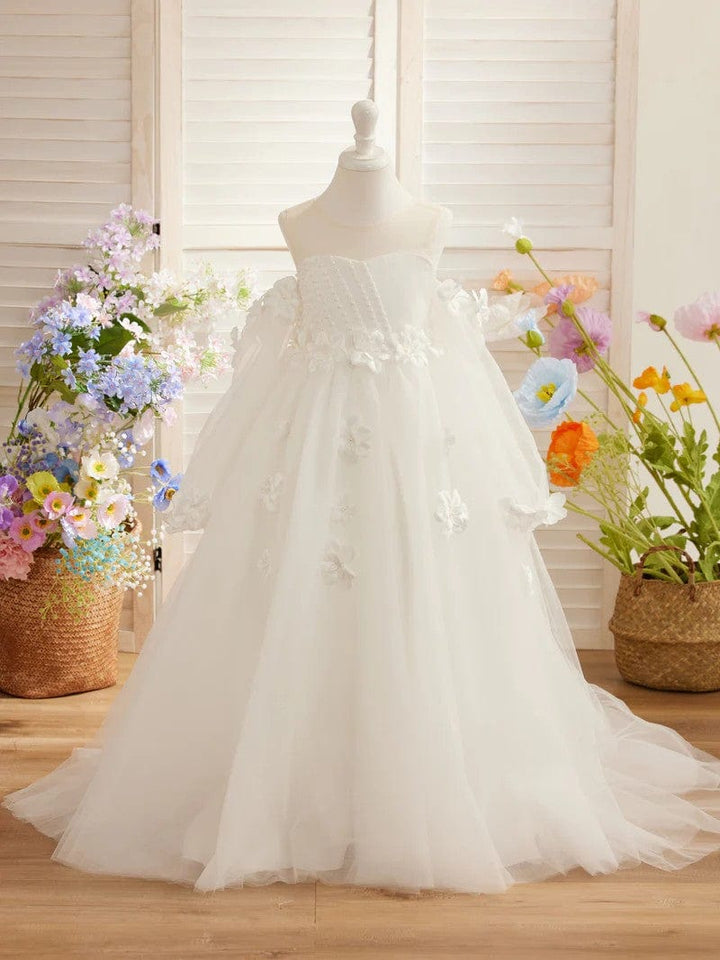 9m / Ivory Sunnypetal 3D Flower Princess Ball Gown Off-Shoulder Long Sleeves Girl Birthday Pageant Dresses