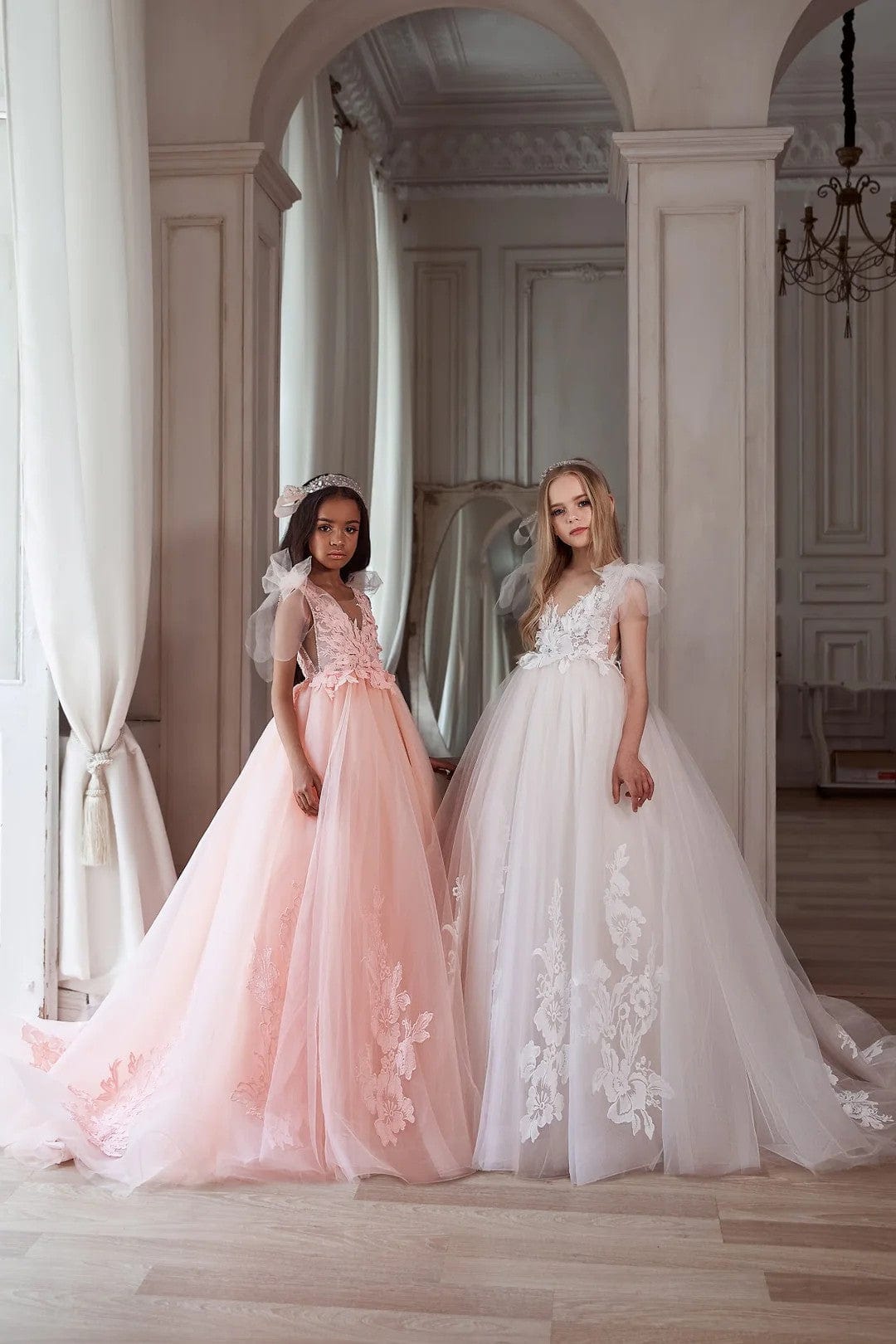 9m / Ivory Sunnypetal Pink V-Neck Long Tulle Princess Gown Flower Girl Dress with Bow-Tie Shoulder