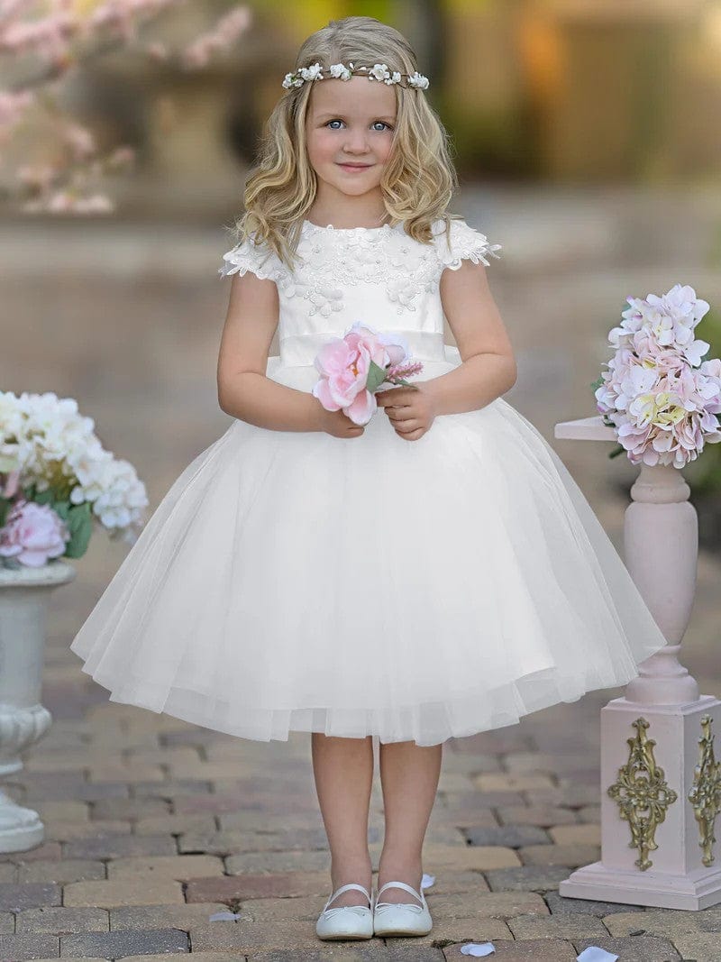 9m / Ivory Sunnypetal Satin Floral Appliques Knee-Length Tulle First Communion Flower Girl Dress