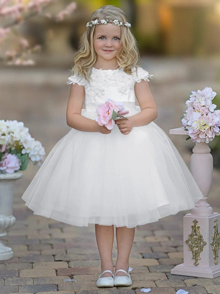 9m / Ivory Sunnypetal Satin Floral Appliques Knee-Length Tulle First Communion Flower Girl Dress