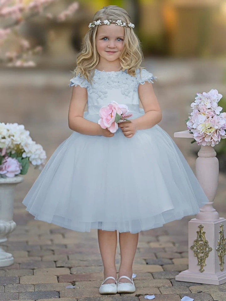 9m / Light Blue Sunnypetal Satin Floral Appliques Knee-Length Tulle First Communion Flower Girl Dress