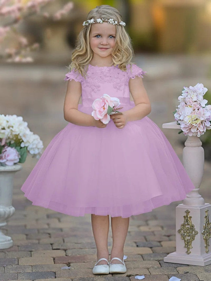 9m / Lilac Sunnypetal Satin Floral Appliques Knee-Length Tulle First Communion Flower Girl Dress