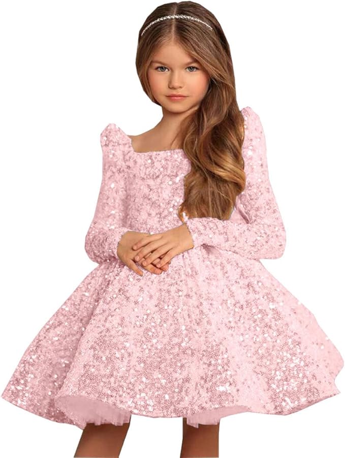 9m / Pink Sunnypetal Long Sleeve Sequin Pageant Prom Knee-Length Flower Girl Dress