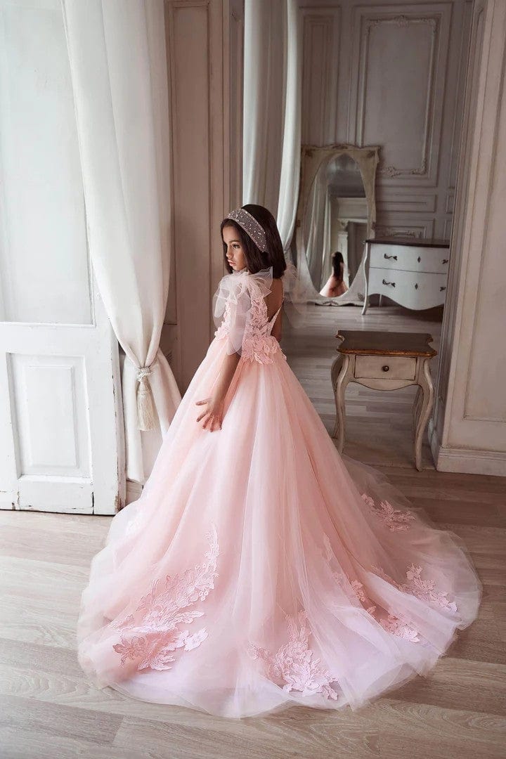 9m / Pink Sunnypetal Pink V-Neck Long Tulle Princess Gown Flower Girl Dress with Bow-Tie Shoulder
