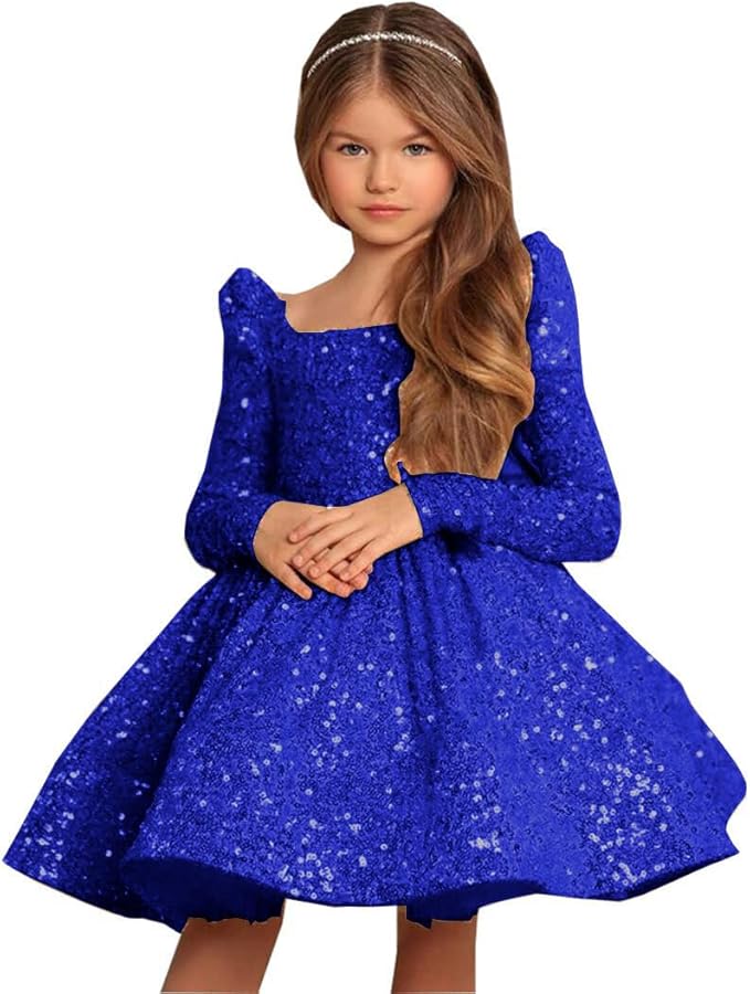 9m / Royal Blue Sunnypetal Long Sleeve Sequin Pageant Prom Knee-Length Flower Girl Dress