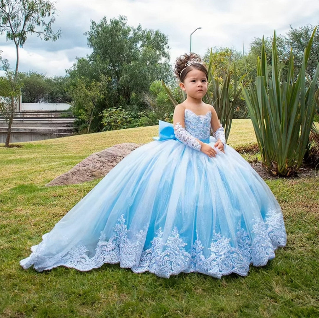 9m / Sky Blue Sunnypetal Long Sleeves Weddings Flower Girl Dresses Toddlers Sparkly 1st Communion Party Gowns