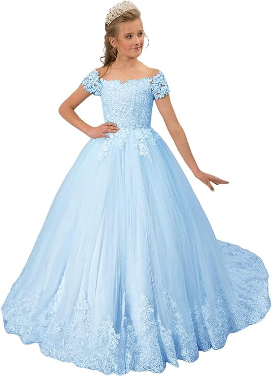 9m / Sky Blue Sunnypetal Off the Shoulder Ivory Tulle Lace Appliques Ball-Gown Flower Girl Dress
