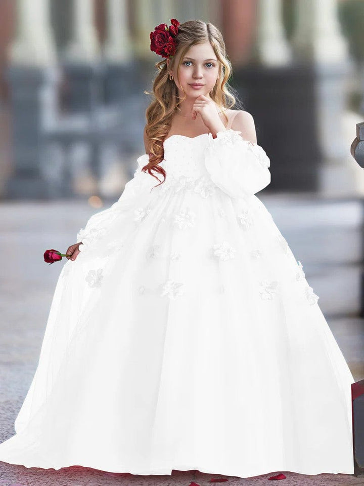 9m / White Sunnypetal 3D Flower Princess Ball Gown Off-Shoulder Long Sleeves Girl Birthday Pageant Dresses