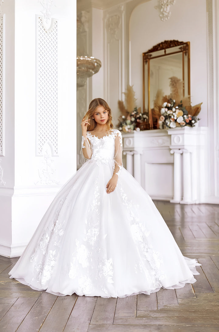 9m / White Sunnypetal Ball Gown First Communion / Baptism Dress Lace Appliques Flower Girl Dress With Train