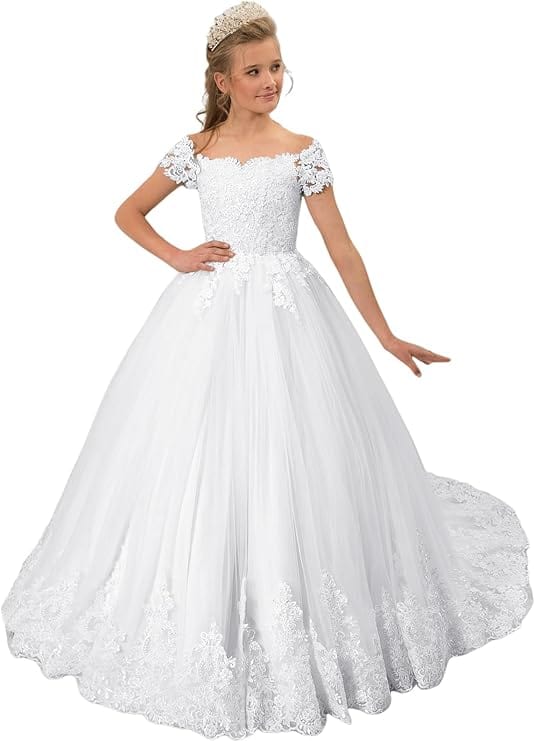 9m / White Sunnypetal Off the Shoulder Ivory Tulle Lace Appliques Ball-Gown Flower Girl Dress