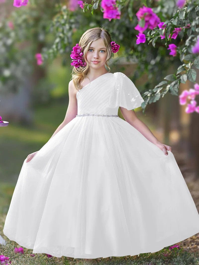 one shoulder holiday dresses Sunnypetal One-Shoulder Tulle A-Line Floor-Length Flower Girl Dresses Birthday Pageant Holiday Dress