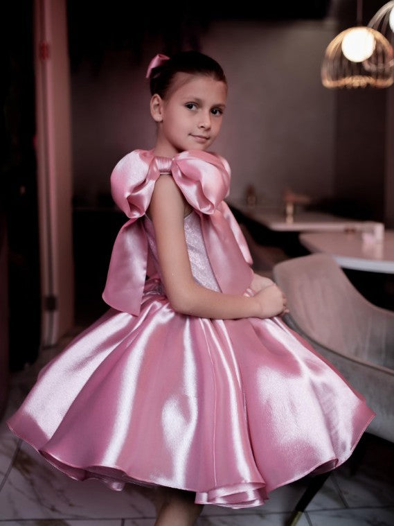 Sunnypetal Elegant Rose Gold Satin Tulle Princess Flower Girl Dress with Shoulder Bow