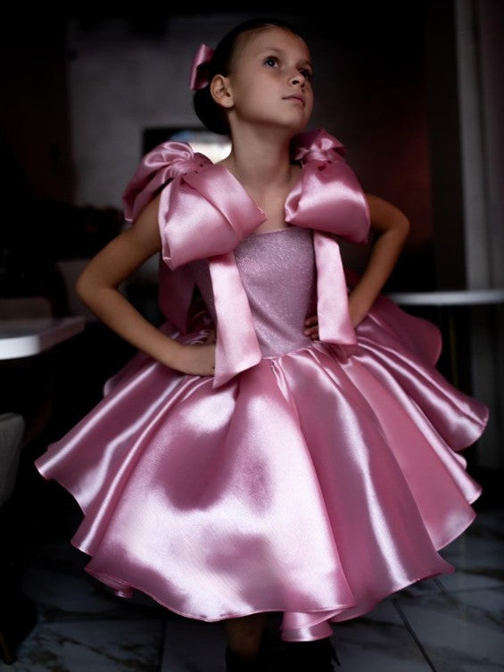 Sunnypetal Elegant Rose Gold Satin Tulle Princess Flower Girl Dress with Shoulder Bow
