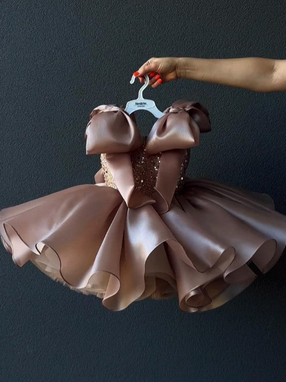 Sunnypetal Elegant Rose Gold Satin Tulle Princess Flower Girl Dress with Shoulder Bow