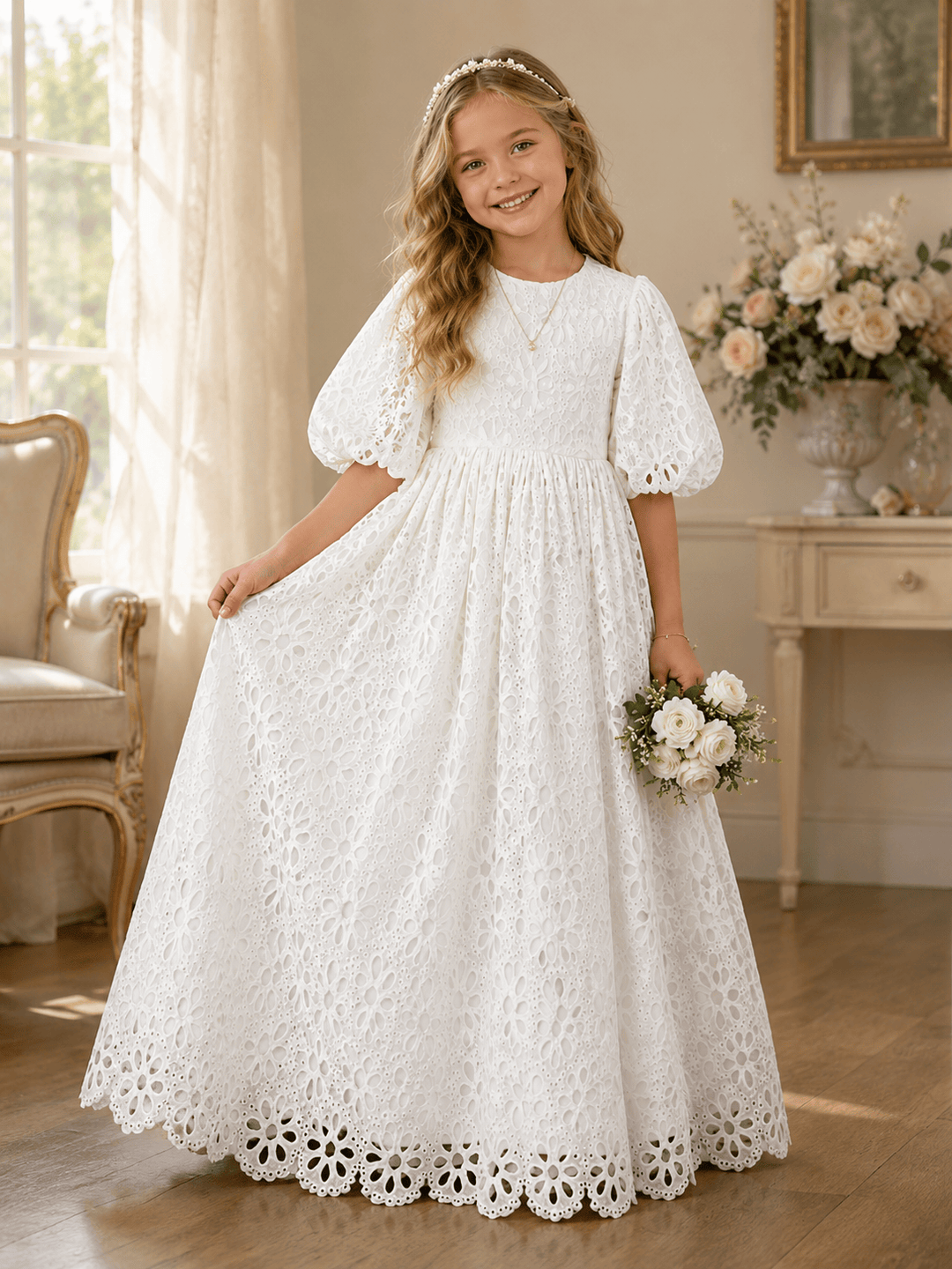 All White / 3m Sunnypetal High Waist Toddler Party Dresses Pretty Puff Sleeve Princess  Lace Flower Girl Dresses